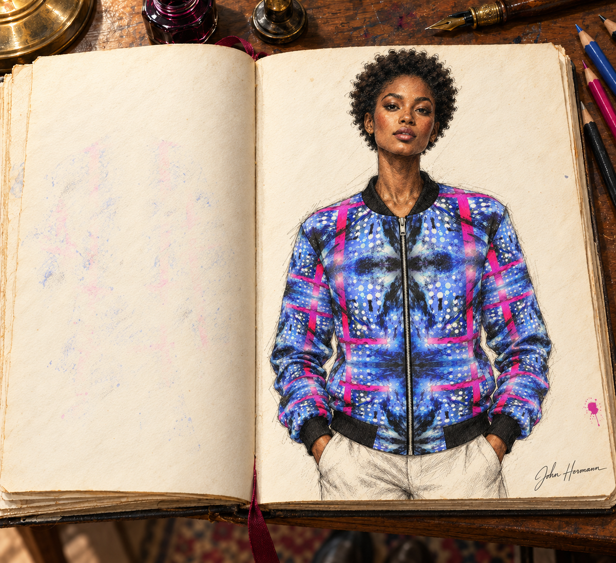 Intersect 1 Women's Reversible Silk Bomber Jacket — hand-drawn Handbook designer sketch, side a front, signed John Hermann