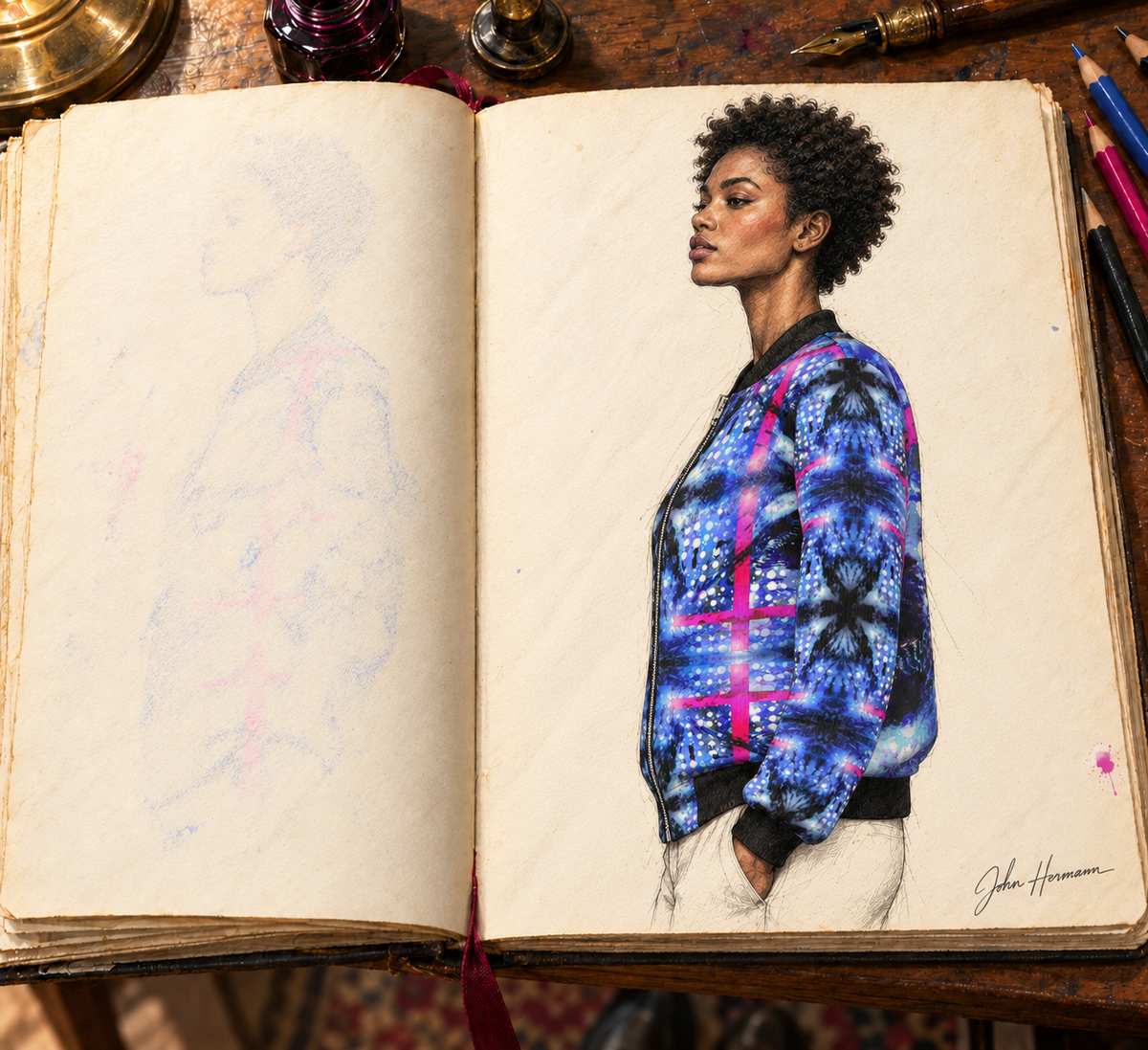 Intersect 1 Women's Reversible Silk Bomber Jacket — hand-drawn Handbook designer sketch, side a left profile, signed John Hermann