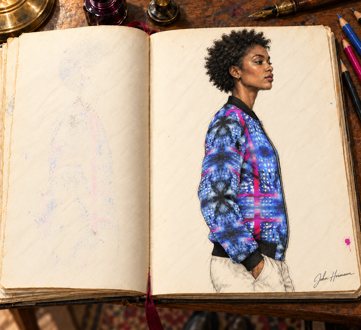 Intersect 1 Women's Reversible Silk Bomber Jacket — hand-drawn Handbook designer sketch, side a right profile, signed John Hermann