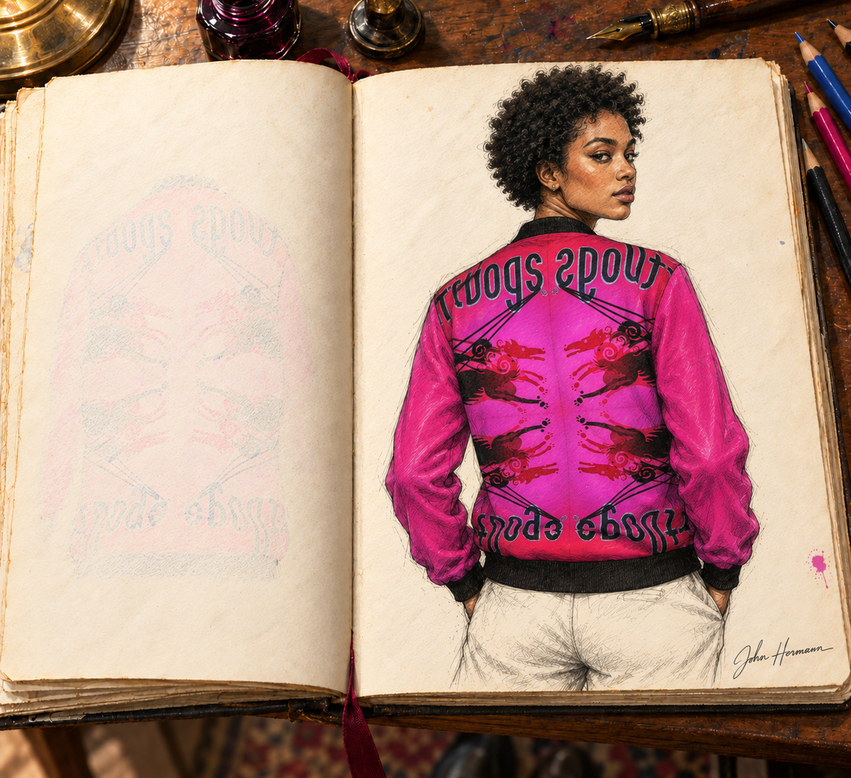 Intersect 1 Women's Reversible Silk Bomber Jacket — hand-drawn Handbook designer sketch, side b back, signed John Hermann