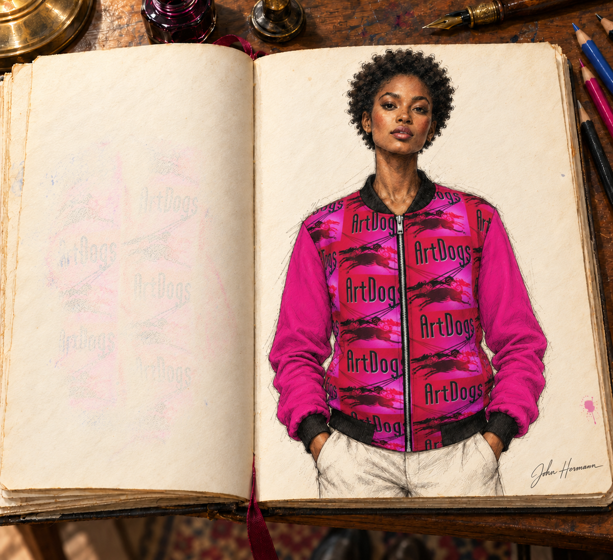 Intersect 1 Women's Reversible Silk Bomber Jacket — hand-drawn Handbook designer sketch, side b front, signed John Hermann