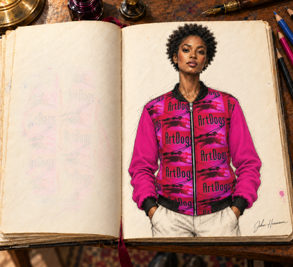 Intersect 1 Women's Reversible Silk Bomber Jacket — hand-drawn Handbook designer sketch, side b front, signed John Hermann