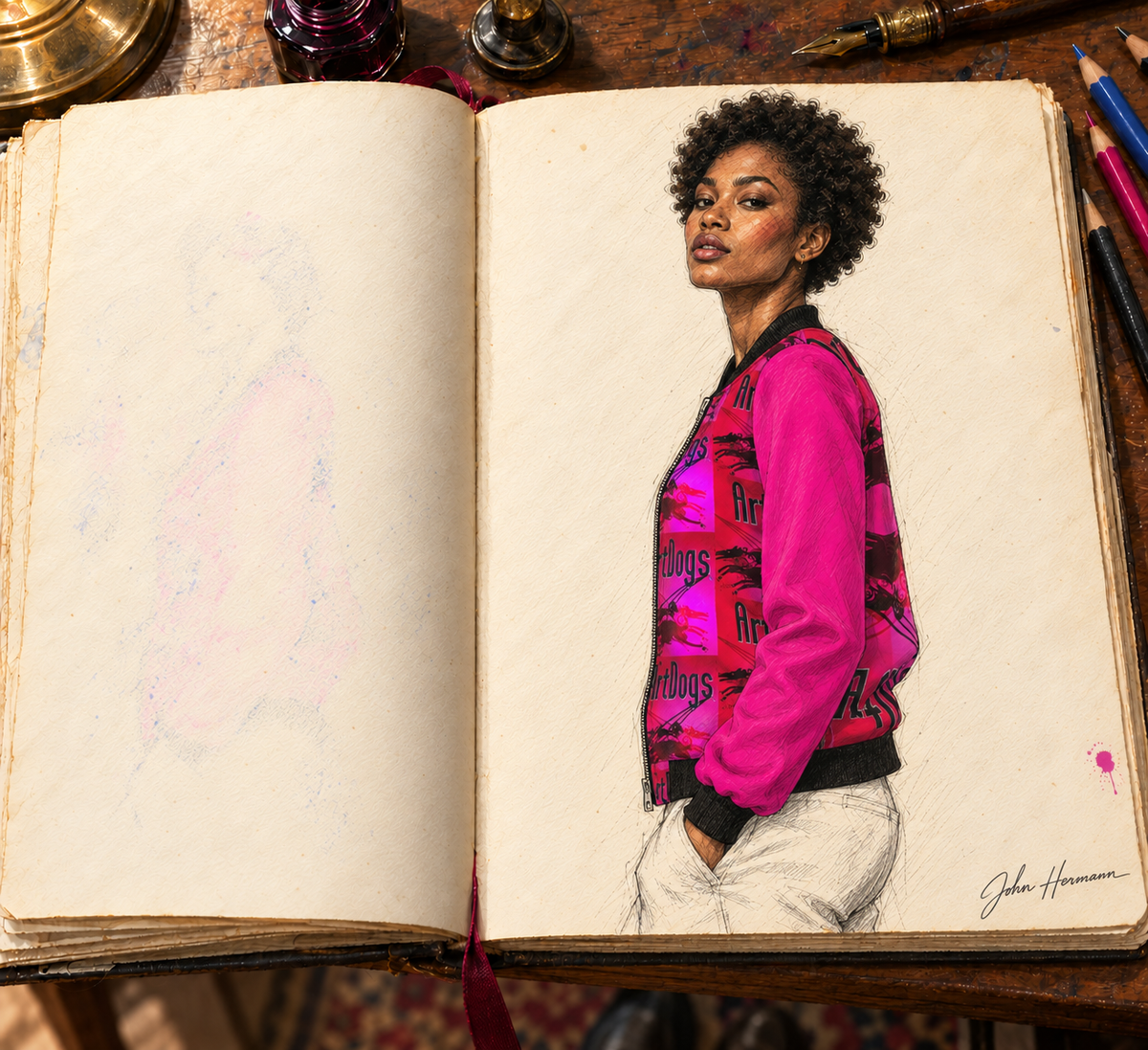 Intersect 1 Women's Reversible Silk Bomber Jacket — hand-drawn Handbook designer sketch, side b left profile, signed John Hermann