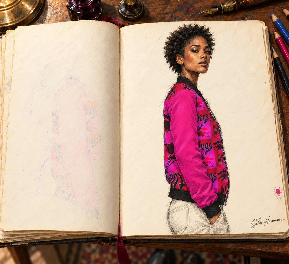 Intersect 1 Women's Reversible Silk Bomber Jacket — hand-drawn Handbook designer sketch, side b right profile, signed John Hermann