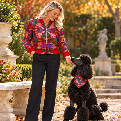 Intersect 3 Ladies Bomber Jacket — fashion photograph, owner standard poodle seated