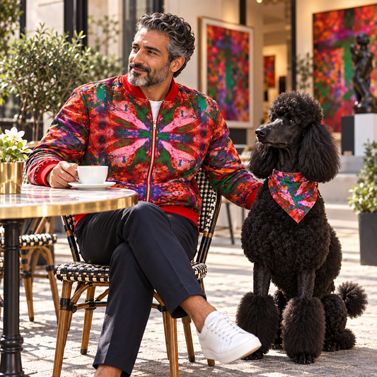 Man wearing Intersect 3 men's bomber jacket with an adult black Standard Poodle in a matching artwork bandana