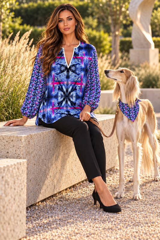 Intersect 1 Women's Blouse — owner and Saluki companion wearing a matching artwork bandana