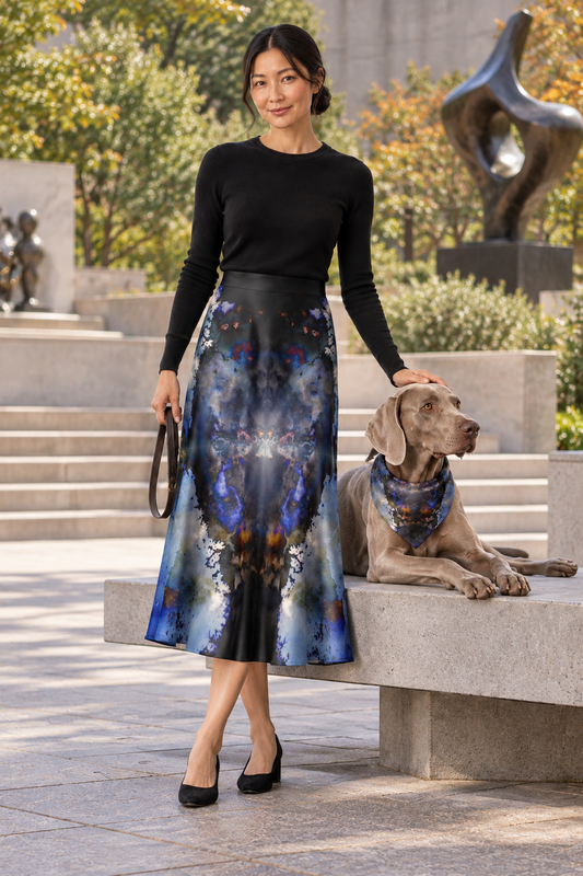 Into the Light smooth-waist midi skirt — Owner and Weimaraner companion cover; charcoal, smoky gray, cobalt blue and muted amber artwork