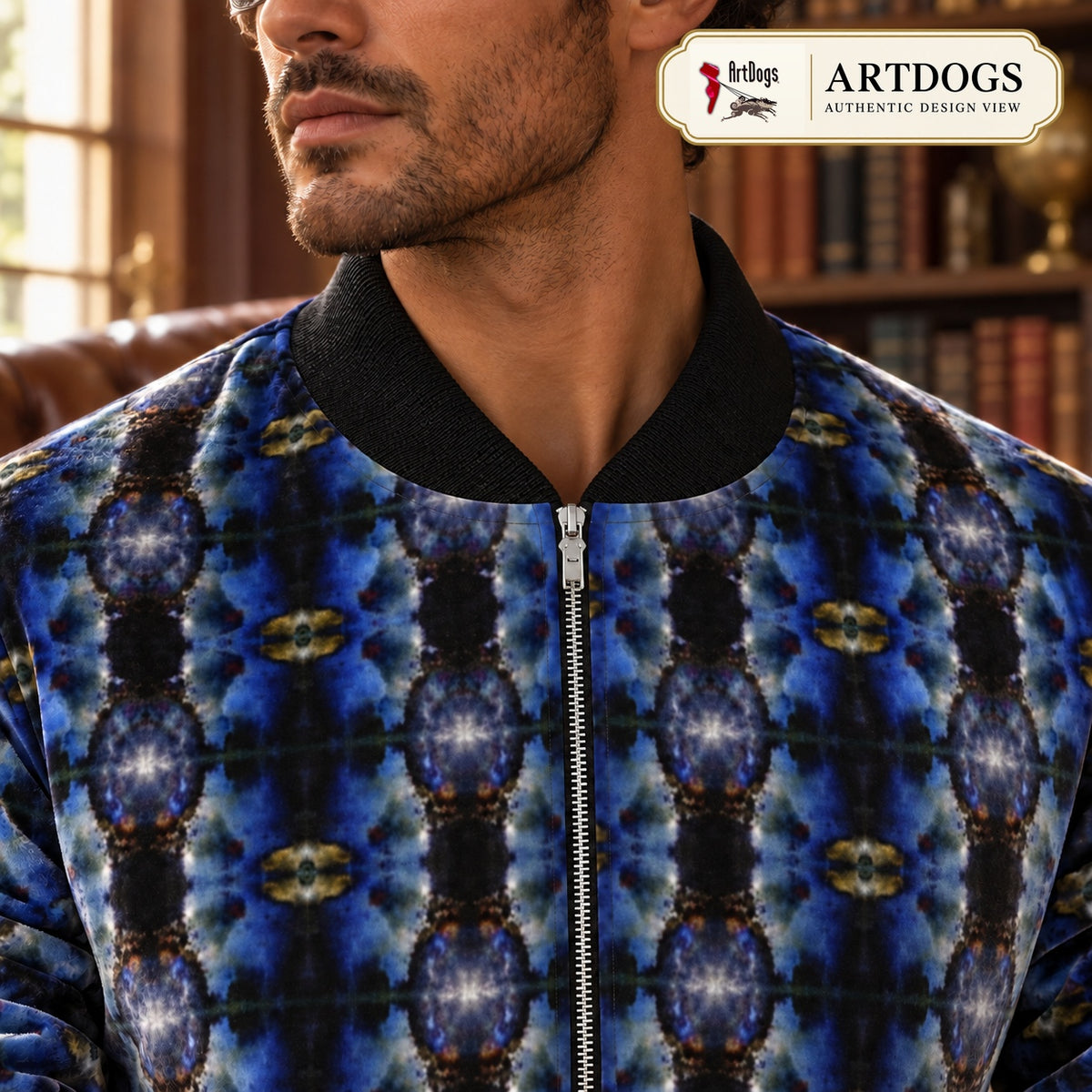 Into The Light 3 men’s bomber jacket Authentic Design View — collar and zipper detail