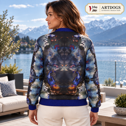 Into the Light Ladies Bomber Jacket — Authentic Design View, back, waterproof outer fabric with quilted lining
