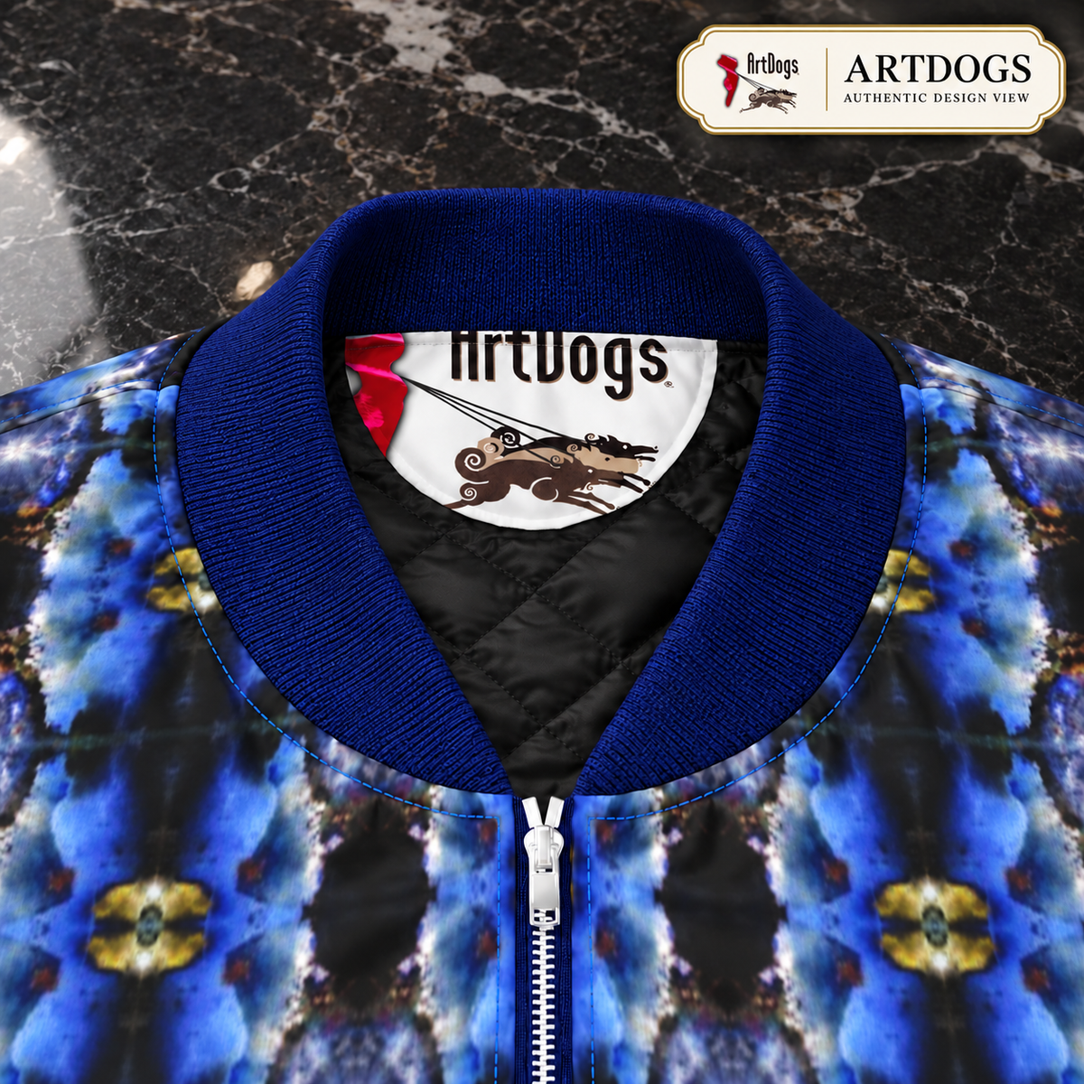 Into the Light Ladies Bomber Jacket — Authentic Design View, collar label zipper detail, waterproof outer fabric with quilted lining