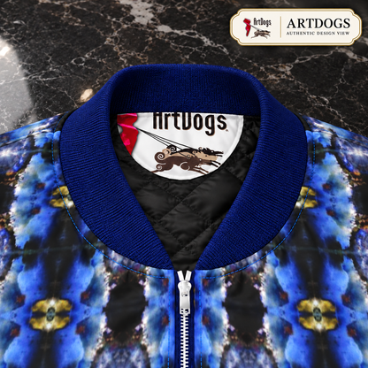 Into the Light Ladies Bomber Jacket — Authentic Design View, collar label zipper detail, waterproof outer fabric with quilted lining