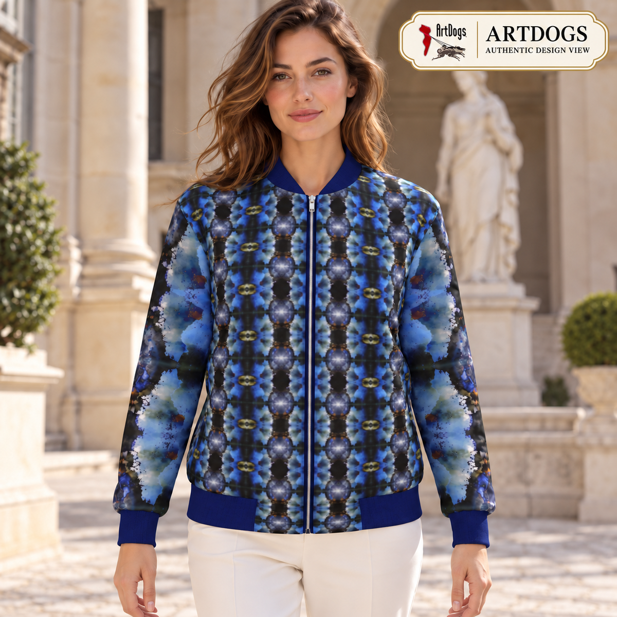 Into the Light Ladies Bomber Jacket — Authentic Design View, front, waterproof outer fabric with quilted lining