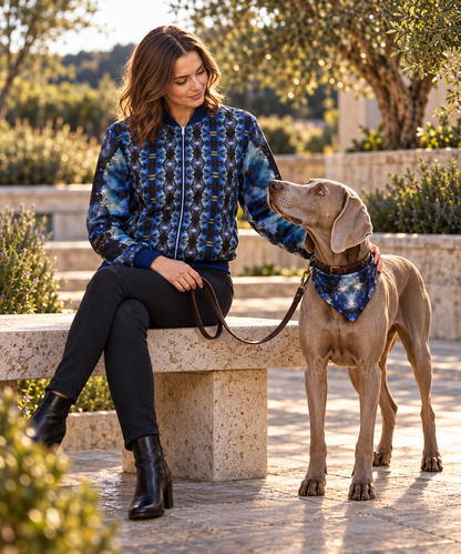 Woman wearing the Into the Light Ladies Bomber Jacket with an adult Weimaraner companion and a small matching artwork bandana