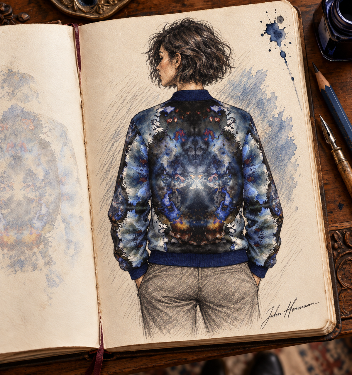 Into the Light Ladies Bomber Jacket — hand-drawn Handbook designer sketch, back, signed John Hermann