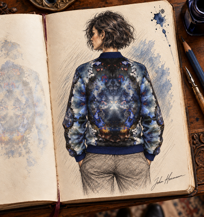 Into the Light Ladies Bomber Jacket — hand-drawn Handbook designer sketch, back, signed John Hermann
