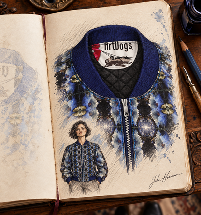 Into the Light Ladies Bomber Jacket — hand-drawn Handbook designer sketch, collar label zipper detail, signed John Hermann