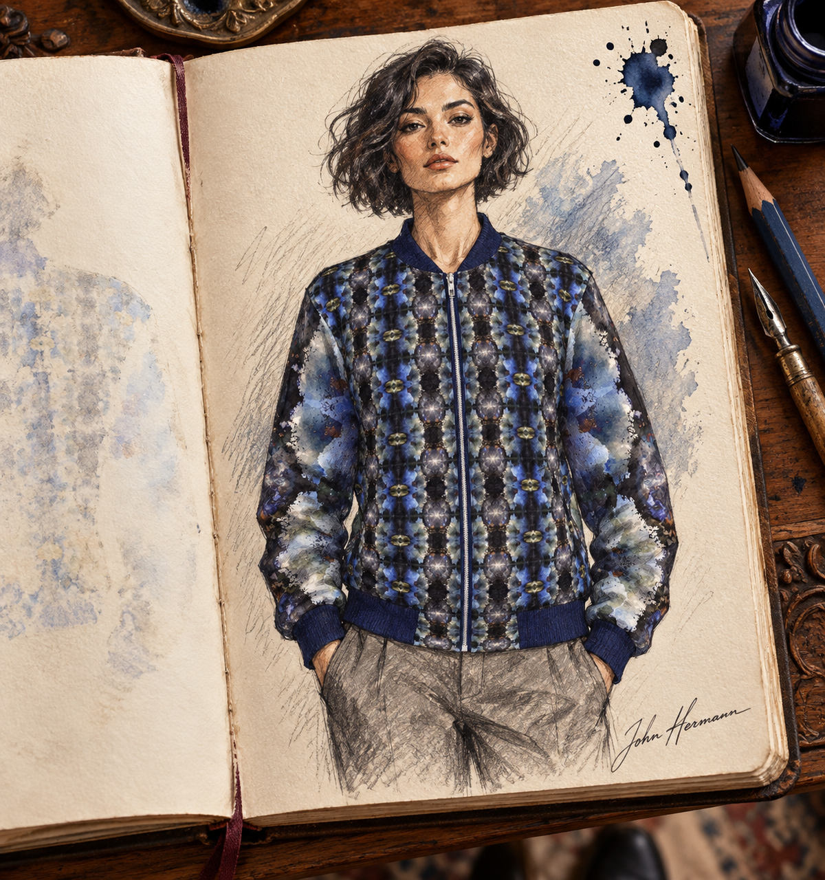 Into the Light Ladies Bomber Jacket — hand-drawn Handbook designer sketch, front, signed John Hermann
