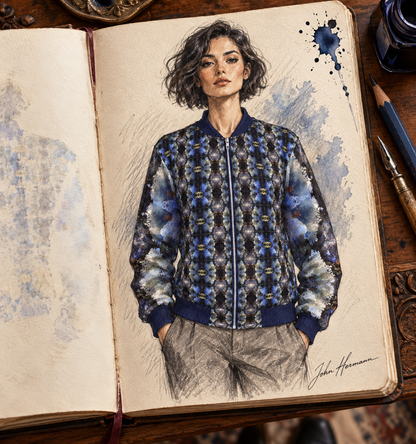 Into the Light Ladies Bomber Jacket — hand-drawn Handbook designer sketch, front, signed John Hermann