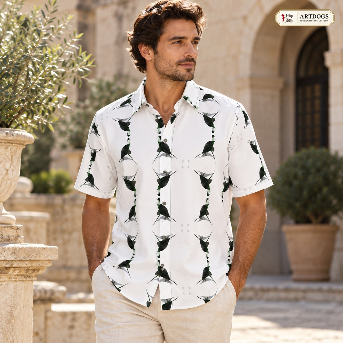 ARTDOGS Authentic Design View of Jezebel's Tongue men's short sleeve shirt — front three-quarter