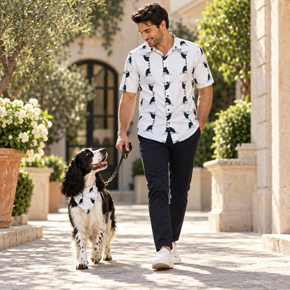 Man wearing Jezebel's Tongue ArtDogs men's short sleeve shirt walking with a black-and-white English Springer Spaniel in a matching bandana