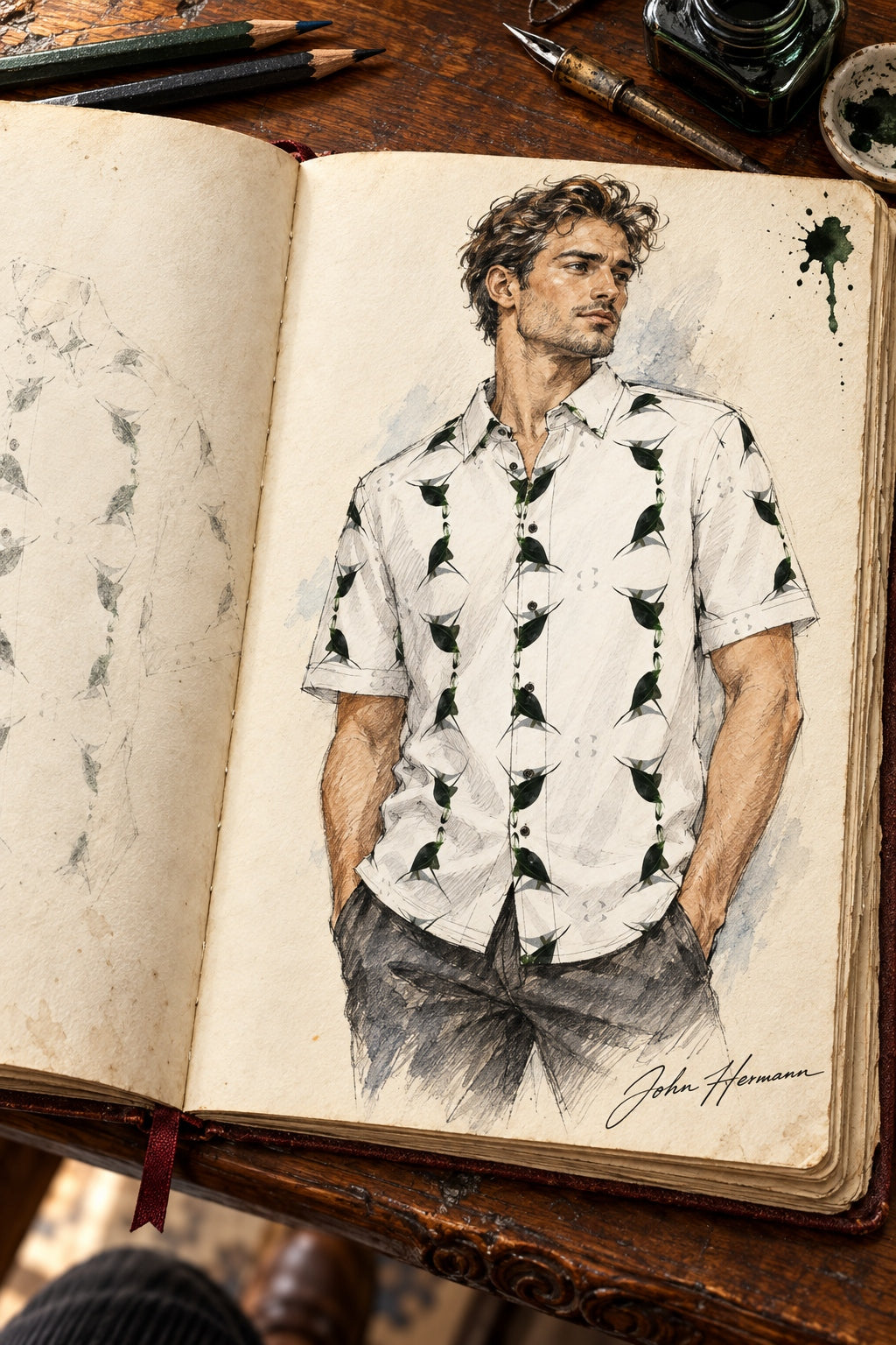 ArtDogs Handbook designer sketch of Jezebel's Tongue men's short sleeve shirt — front three-quarter