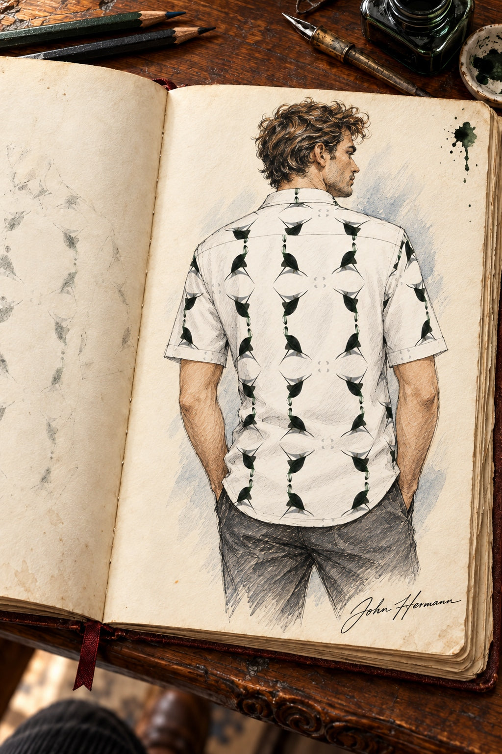 ArtDogs Handbook designer sketch of Jezebel's Tongue men's short sleeve shirt — full back