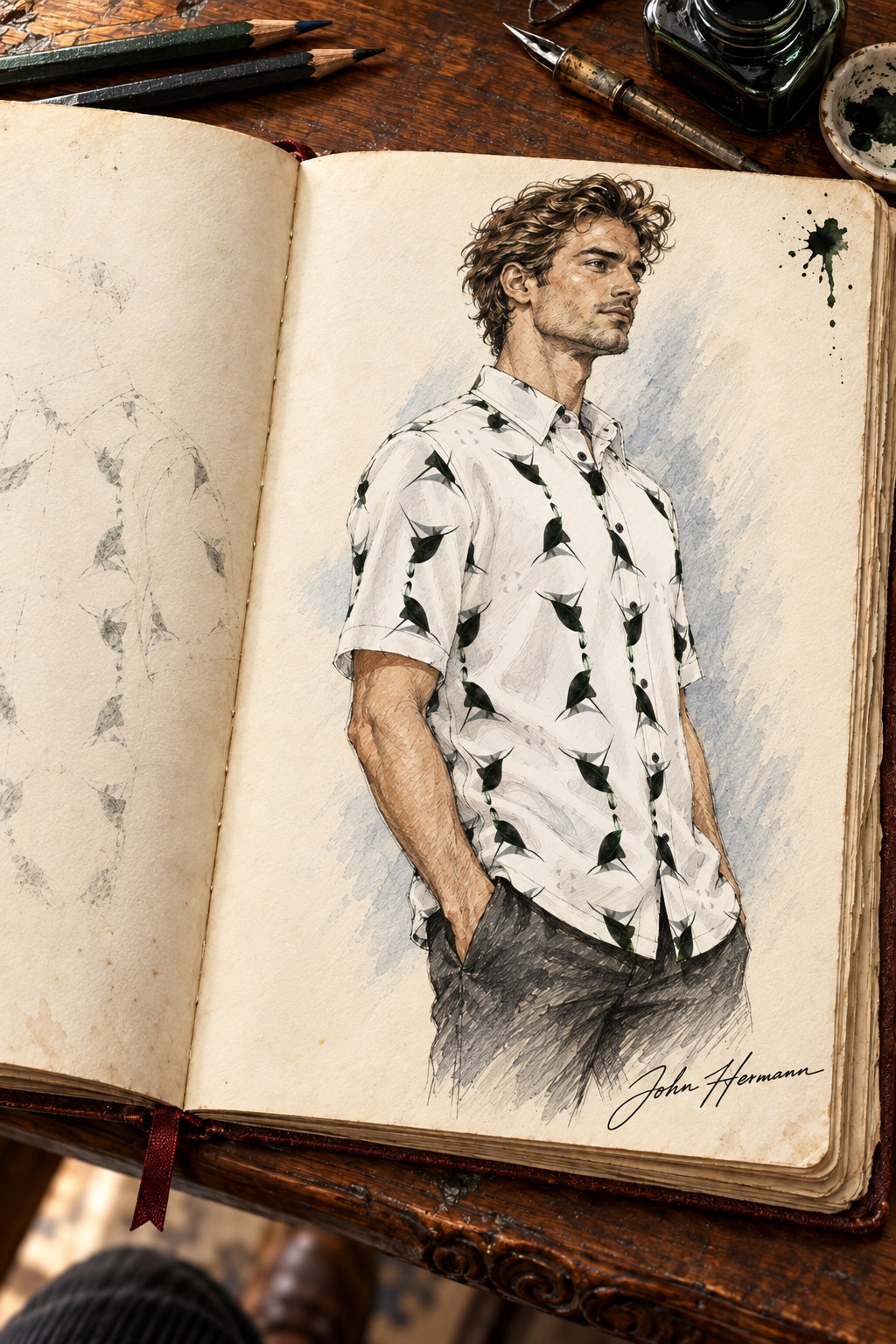 ArtDogs Handbook designer sketch of Jezebel's Tongue men's short sleeve shirt — left three-quarter/profile