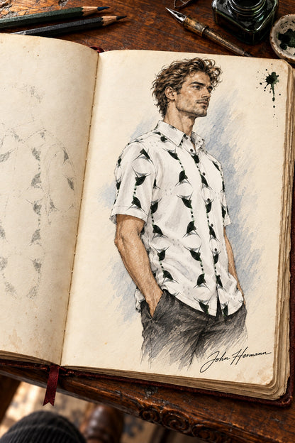 ArtDogs Handbook designer sketch of Jezebel's Tongue men's short sleeve shirt — left three-quarter/profile
