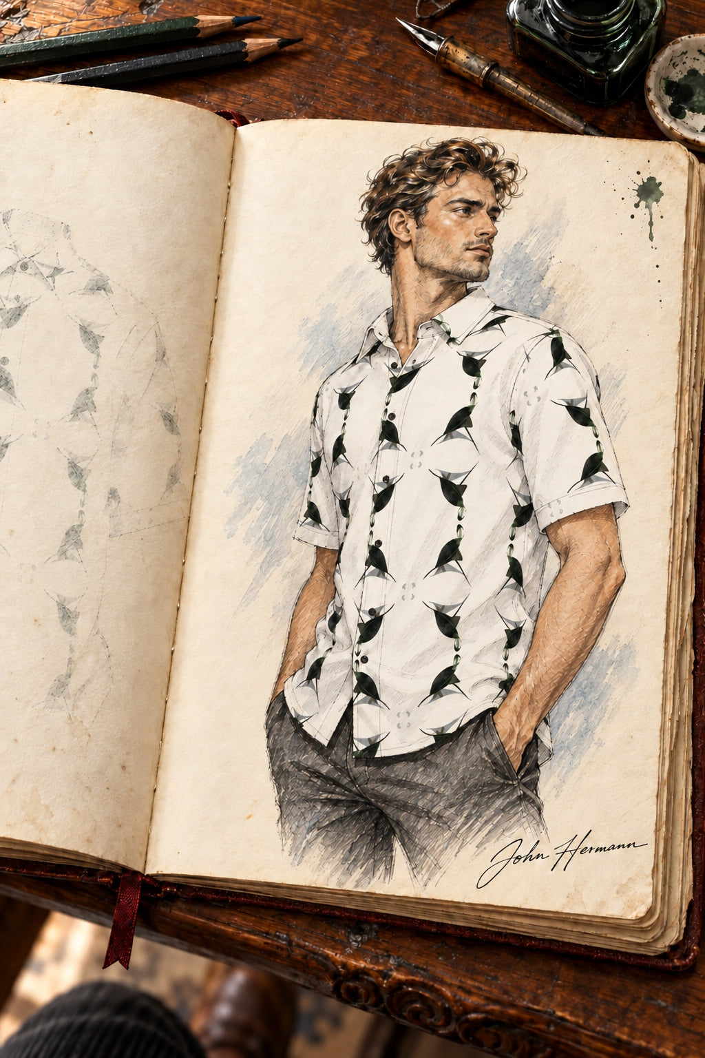ArtDogs Handbook designer sketch of Jezebel's Tongue men's short sleeve shirt — right three-quarter/profile
