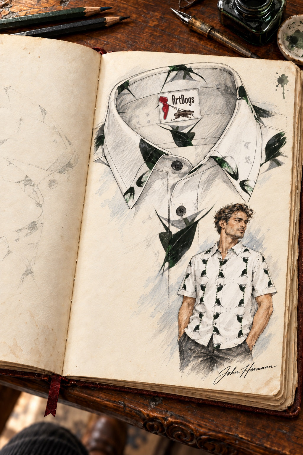 ArtDogs Handbook designer sketch of Jezebel's Tongue men's short sleeve shirt — worn front collar and upper placket construction