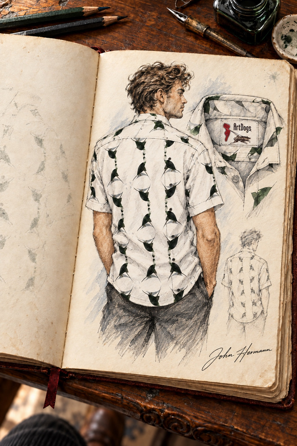 ArtDogs Handbook designer sketch of Jezebel's Tongue men's short sleeve shirt — worn interior center-back label detail