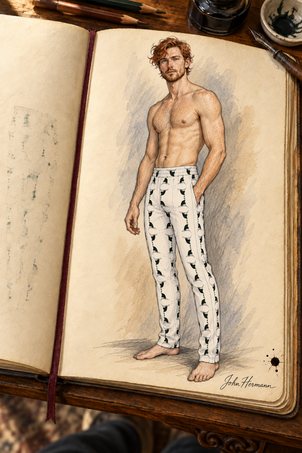 Jezebel’s Tongue Men’s Tracksuit Trousers — Designer Handbook — three quarter front