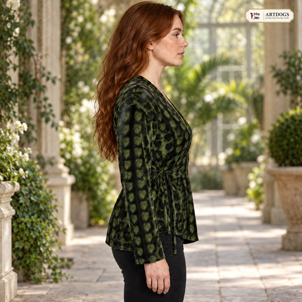 Leaves Wrap Blazer — A08 Authentic Design View Opposite full profile — realistic surroundings