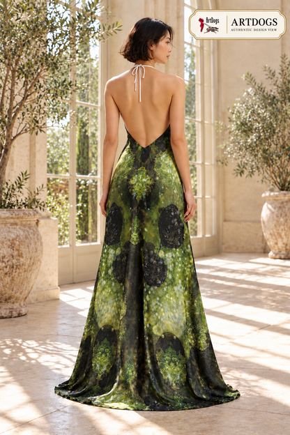 Leaves Halterneck backless dress — Authentic modeled-back