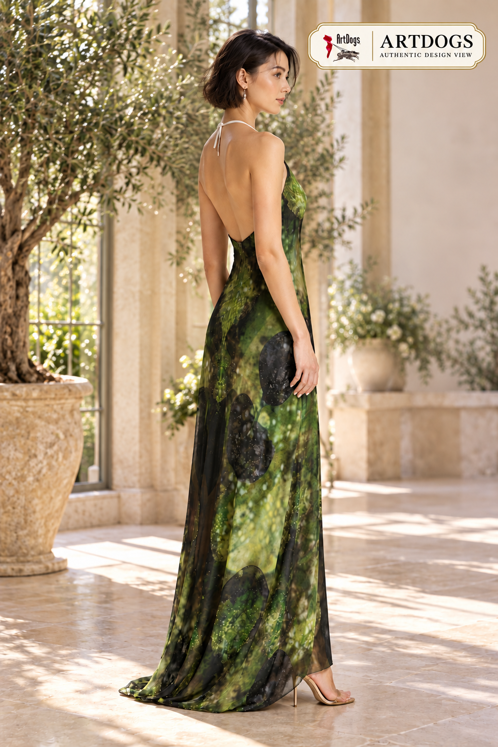 Leaves Halterneck backless dress — Authentic modeled-right-profile