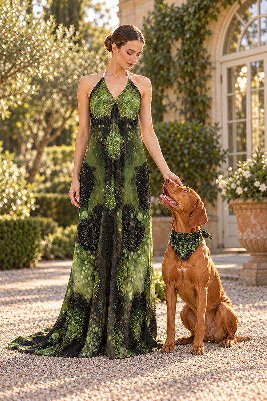 Leaves Halterneck backless dress — Fashion owner and adult rust-gold Vizsla companion