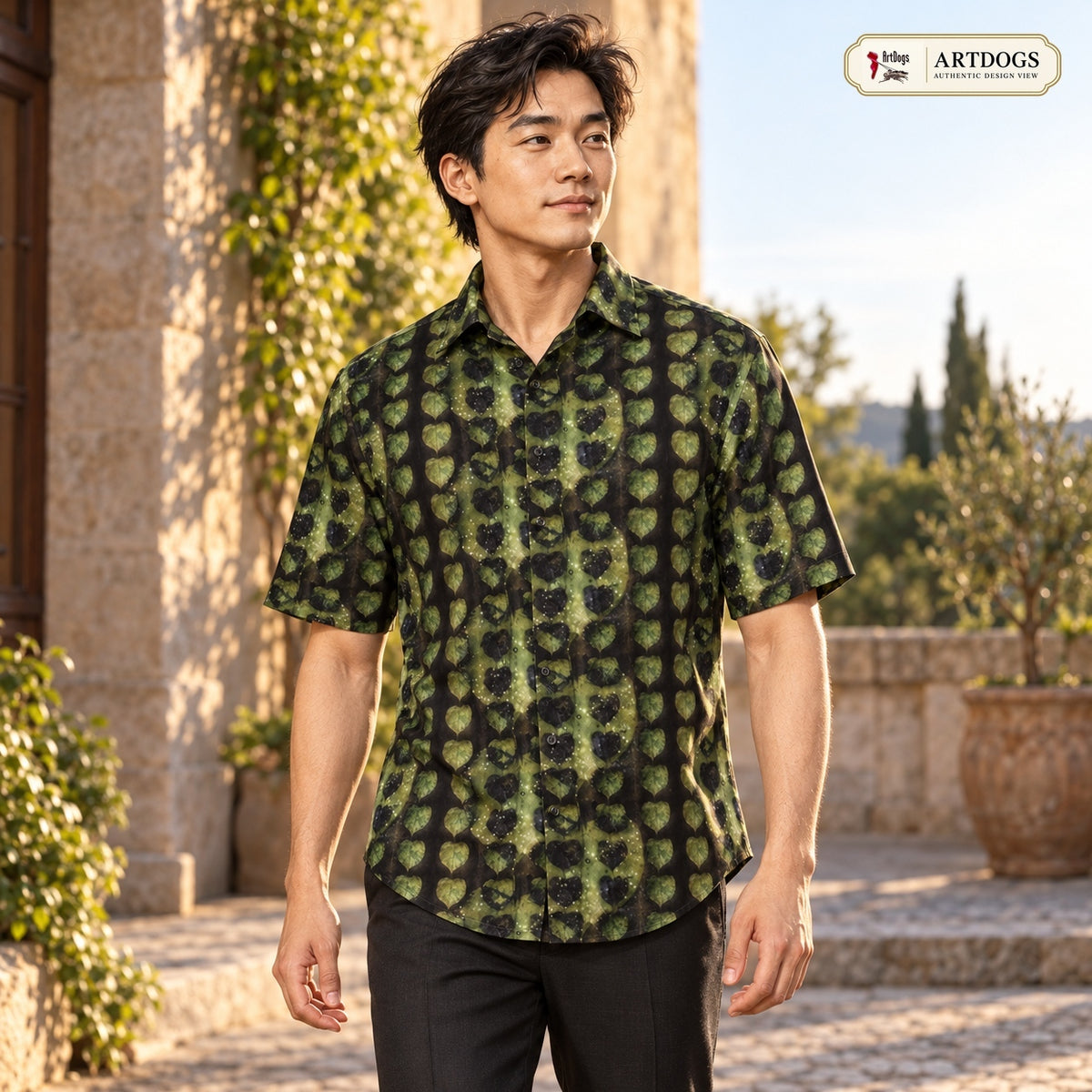 ArtDogs Authentic Design View: Leaves Men's Short Sleeve Shirt front angled, real silk satin, worn by the model