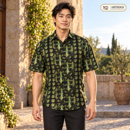 ArtDogs Authentic Design View: Leaves Men's Short Sleeve Shirt front straight, real silk satin, worn by the model