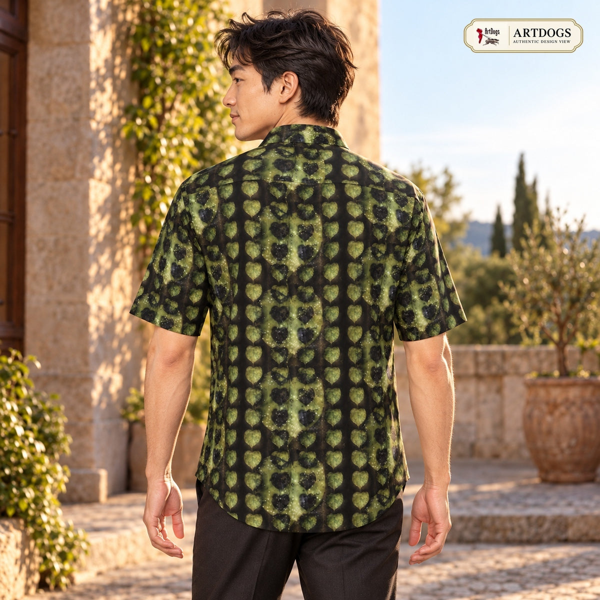ArtDogs Authentic Design View: Leaves Men's Short Sleeve Shirt back, real silk satin, worn by the model