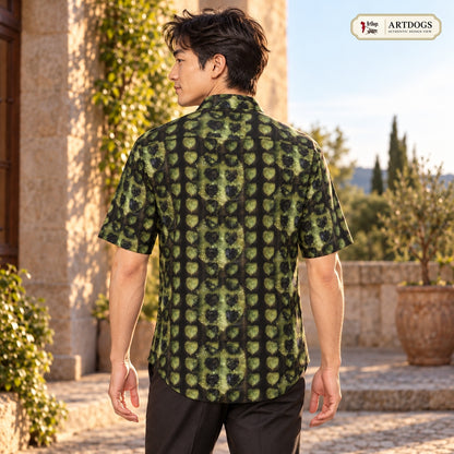 ArtDogs Authentic Design View: Leaves Men's Short Sleeve Shirt back, real silk satin, worn by the model
