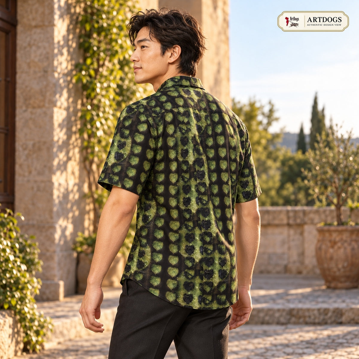 ArtDogs Authentic Design View: Leaves Men's Short Sleeve Shirt right three-quarter, real silk satin, worn by the model