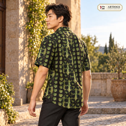 ArtDogs Authentic Design View: Leaves Men's Short Sleeve Shirt right three-quarter, real silk satin, worn by the model