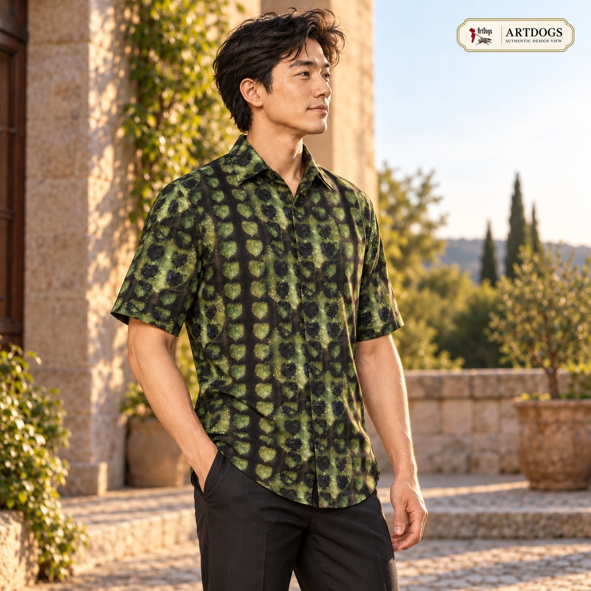 ArtDogs Authentic Design View: Leaves Men's Short Sleeve Shirt left three-quarter, real silk satin, worn by the model