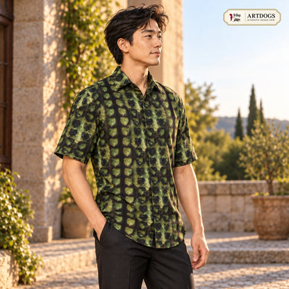 ArtDogs Authentic Design View: Leaves Men's Short Sleeve Shirt left three-quarter, real silk satin, worn by the model