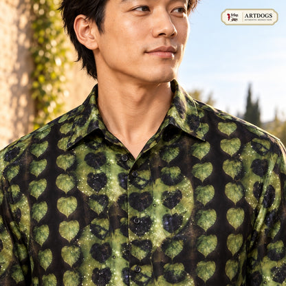 ArtDogs Authentic Design View: Leaves Men's Short Sleeve Shirt collar and interior label construction, real silk satin, worn by the model