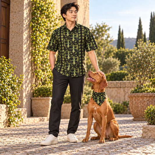 Leaves Men's Short Sleeve Shirt with owner and adult Vizsla wearing a matching Leaves bandana