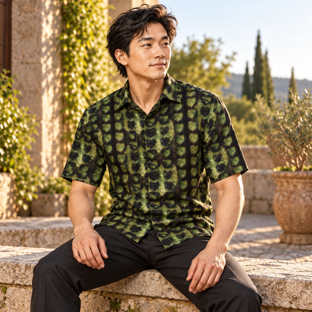 Leaves Men's Short Sleeve Shirt seated fashion photograph