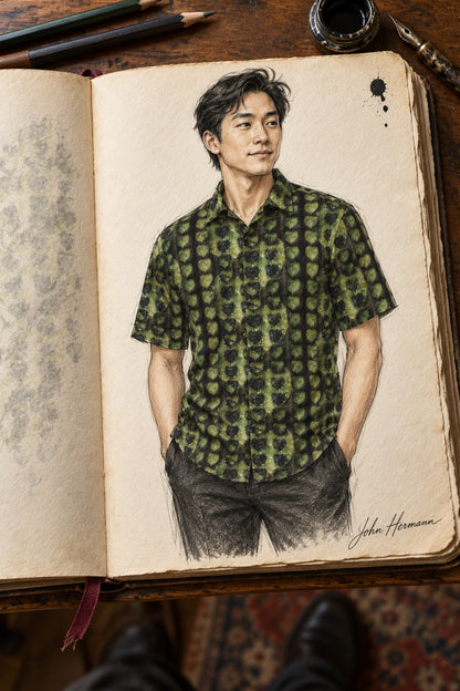 Designer Handbook front angled of Leaves Men's Short Sleeve Shirt, drawn in John Hermann's atelier sketchbook