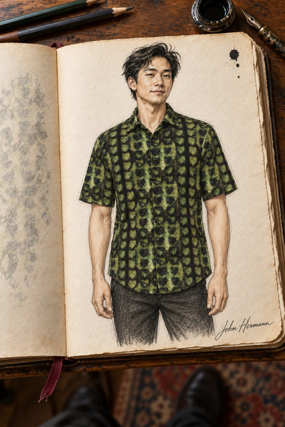 Designer Handbook front straight of Leaves Men's Short Sleeve Shirt, drawn in John Hermann's atelier sketchbook